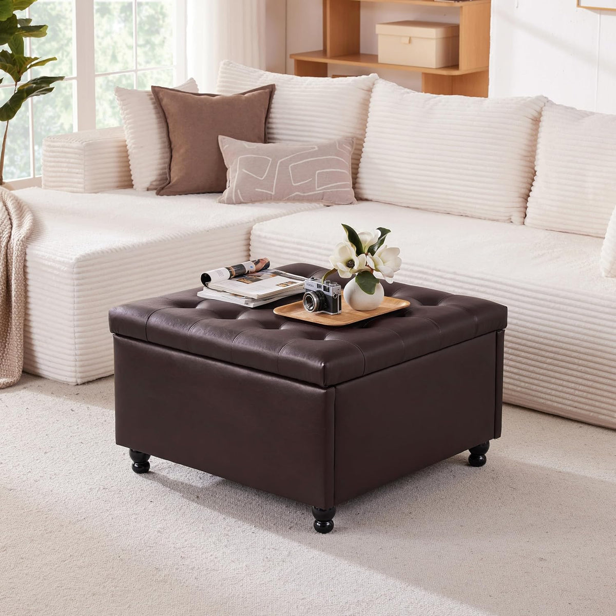 30" Large Square Ottoman with Storage, Leather Ottoman Coffee Table, Brown | Tufted Upholstered Ottoman for Living Room, Oversized Square Storage Ottoman for Bedroom and Entryway, Solid Wood Frame