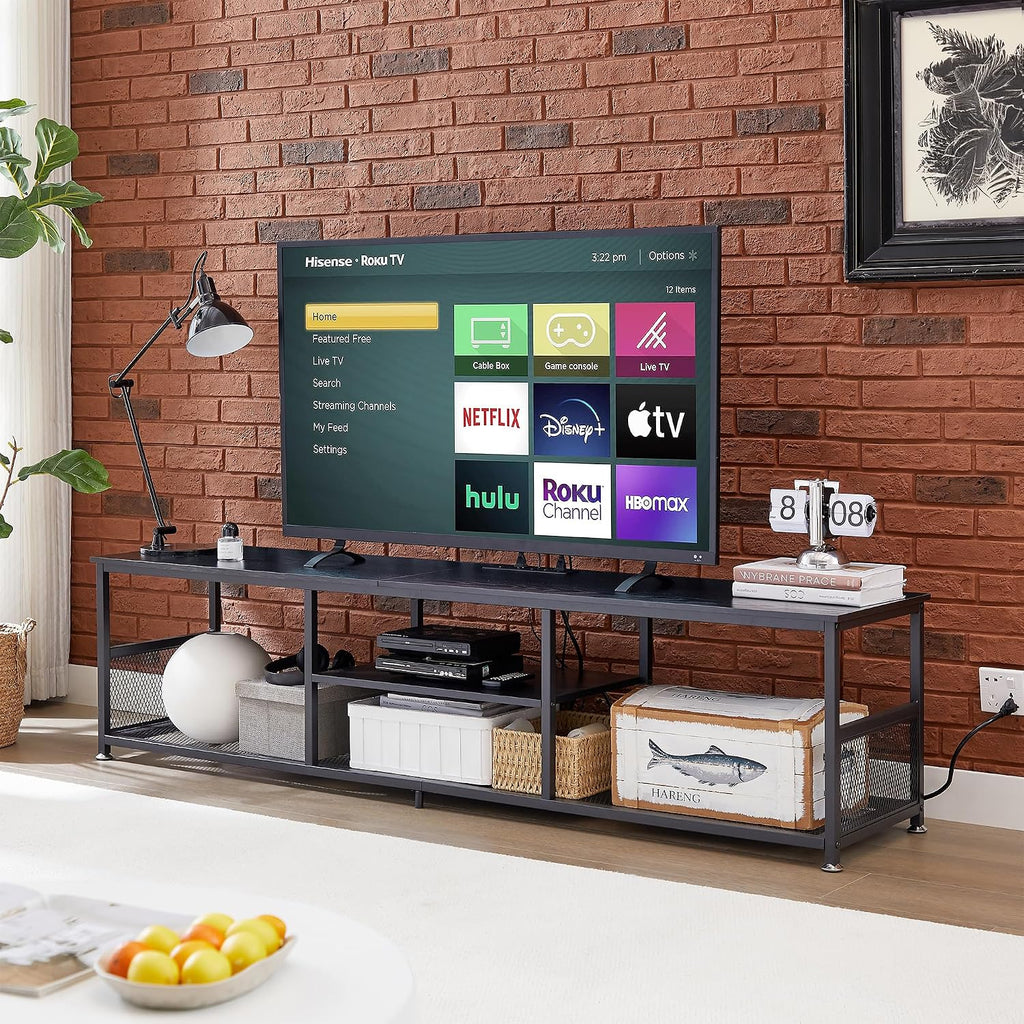 VECELO TV Stand with Power Outlets for Televisions up to 80Inch, 70" Media Entertainment Center with Charging Station 3-Tier Open Storage Shelves with Metal Frame for Living Room/Bedroom，Black