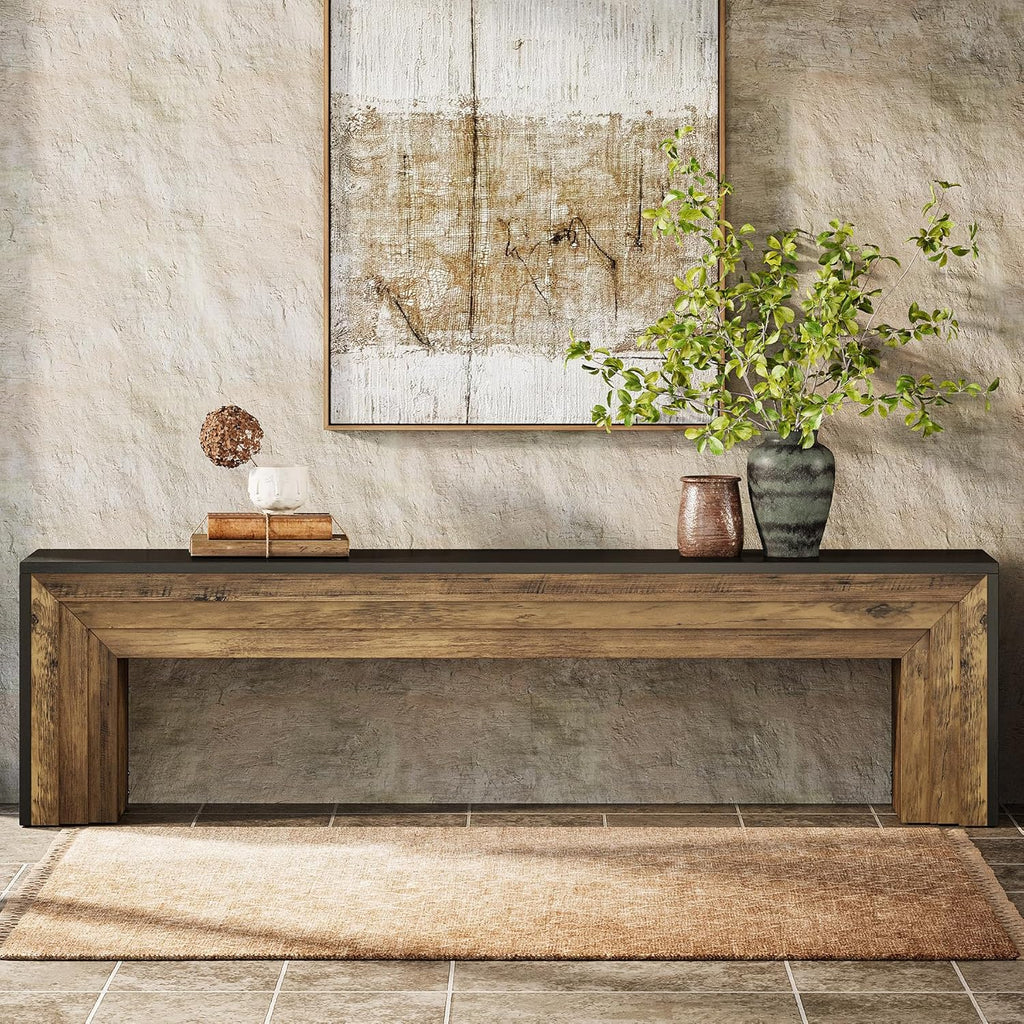 Tribesigns 71" Extra Long Rustic Entryway Bench, Modern Farmhouse Shoe Bench Wooden Indoor Seating with Layered Design for Hallway, End of Bed, Living Room, Dining Room, Black & Brown