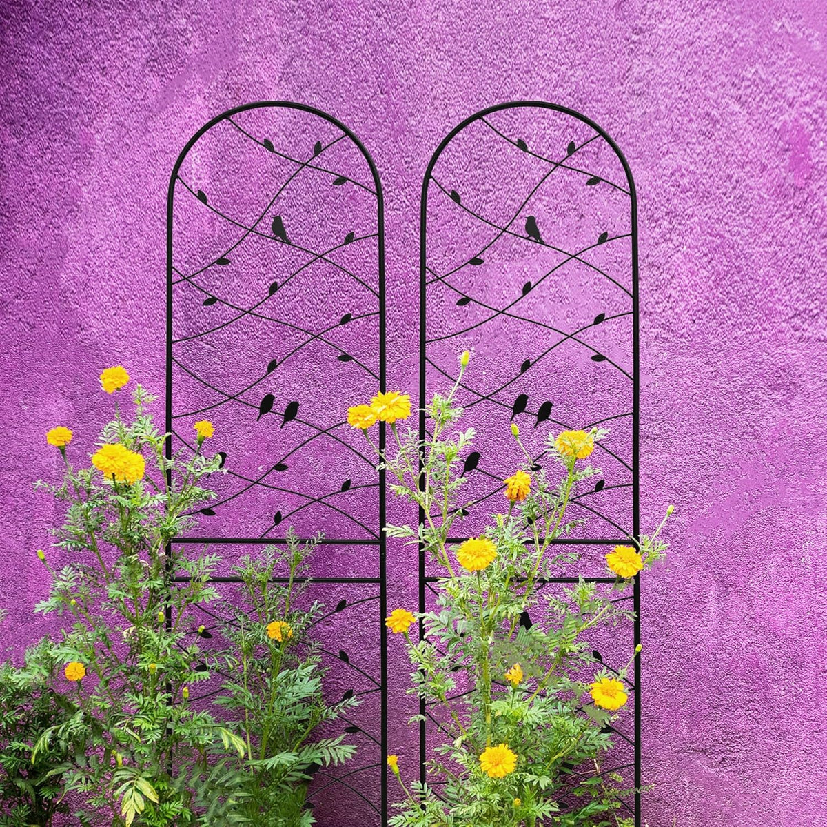 4 Pack Metal Garden Trellis 86.7" Tall Outdoor Climbing Plant Support for Roses, Flowers, Rustproof Durable Black Galvanized Tube, Lawn Garden Fence Decor Screen (4, Black birds-86.7" H)