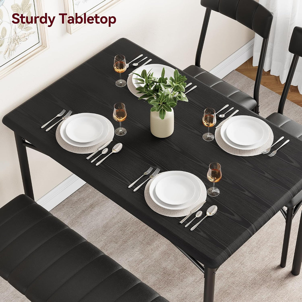 GarveeHome Dining Table Set for 4, Kitchen Table with Upholstered Chairs and Bench, Wood Rectangular Dining Table and Chairs Set for Small Space, Apartment, Dinner, Rustic Black