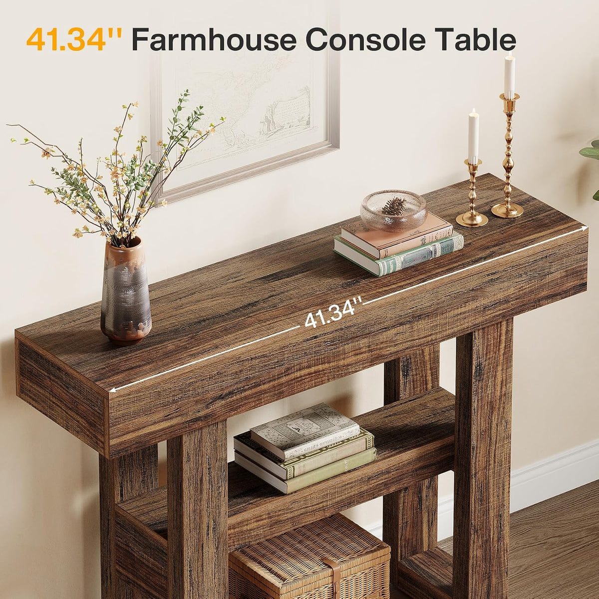 Tribesigns 41.34" Farmhouse Console Table, Sofa Table Behind The Couch | 2-Tier Narrow Entryway Furniture with Storage Shelves for Hallway Foyer Living Room, Easy Assembly, Rustic Brown