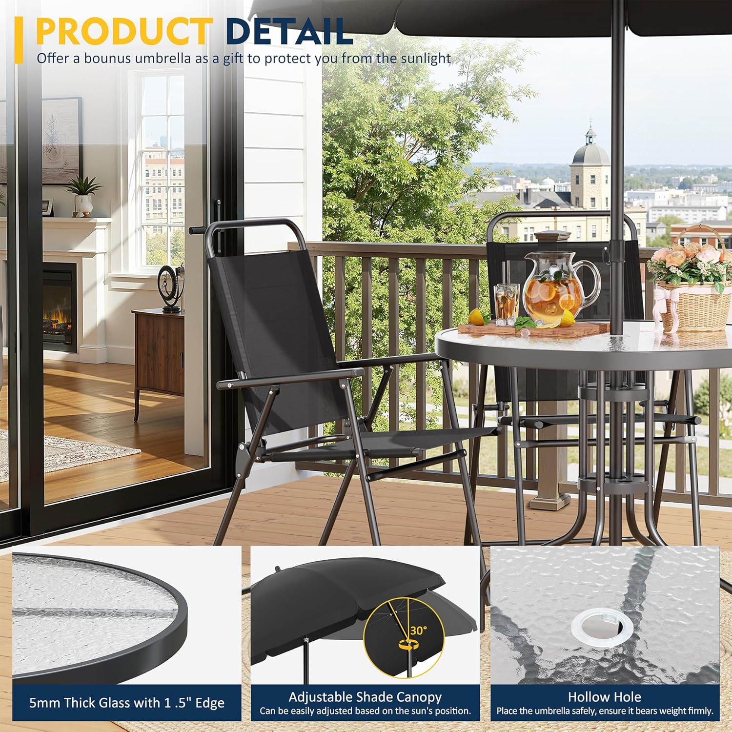 Shintenchi 6 Piece Patio Dining Set with Umbrella, Outdoor Furniture Set with 4 Folding Chairs and Tempered Glass Top Dining Table fot Lawn Backyard Garden Porch Black