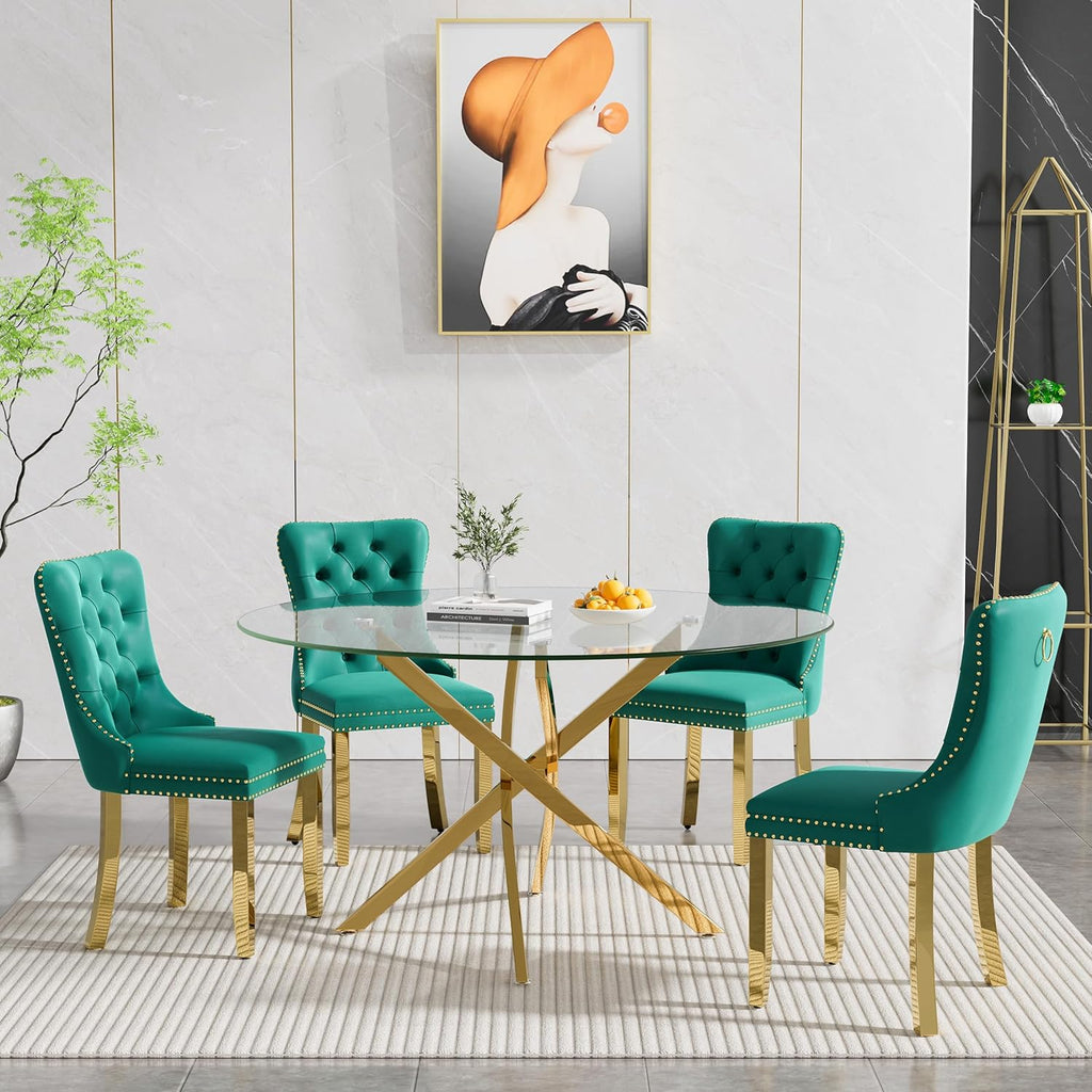47" Round Glass Dining Table for 4-6, Circle Kitchen Table with Tempered Glass Top & Gold Metal Cross Legs, Modern Glass Dinner Table for Kitchen Dining Room Small Apartment
