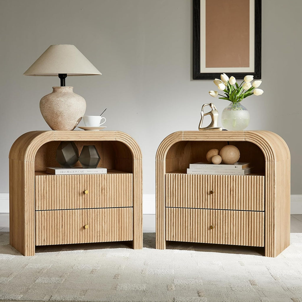 T4TREAM 24" Fluted Nightstand Set of 2 with Charging Station, Natural Oak | 2-Drawer Bedside Table, Modern End Table with Storage for the Bedroom or Living Room, Thickened frame, Rounded Silhouette