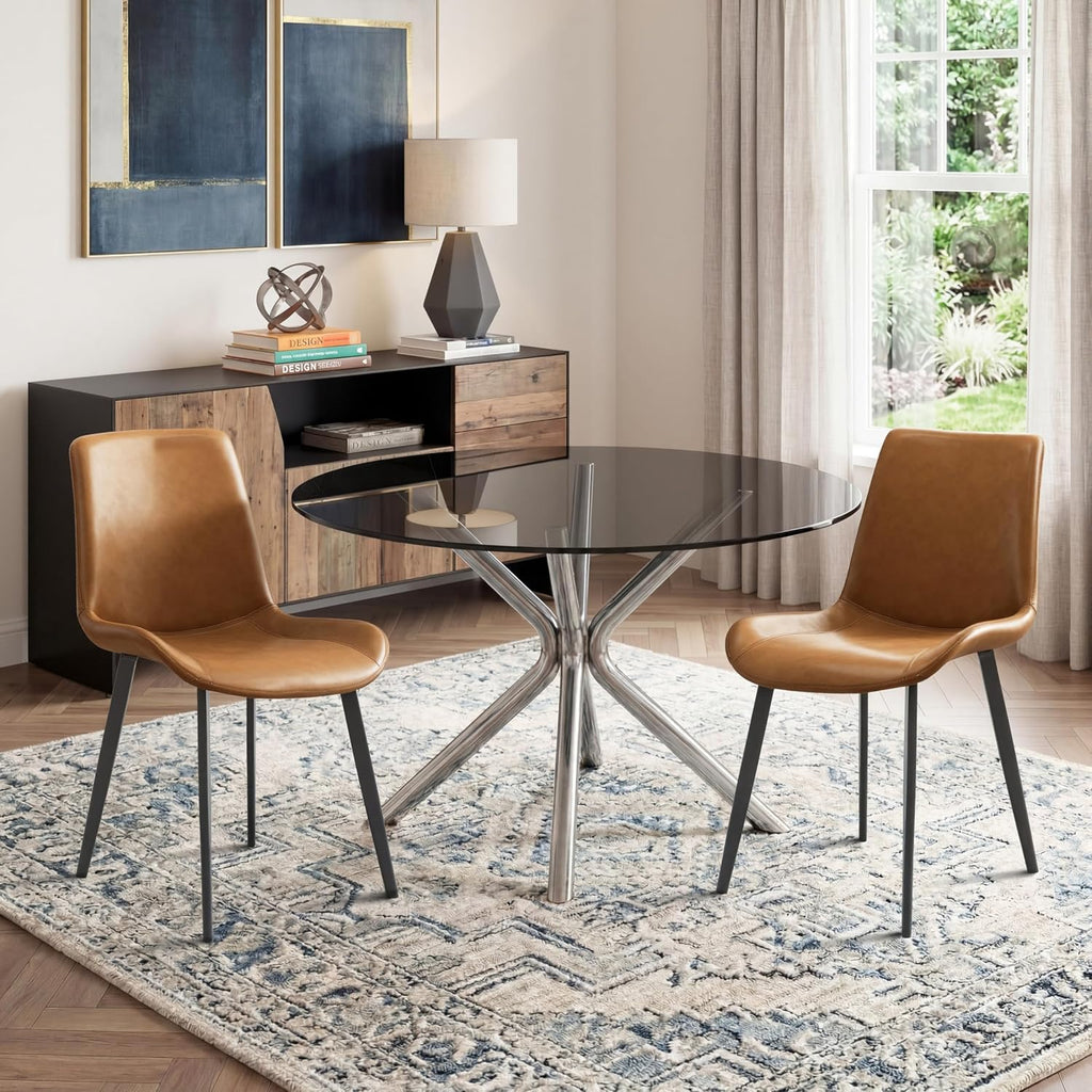 Dining Chairs Set of 2, Modern PU Leather Dining Room Chair with Sturdy Metal Legs, Upholstered Faux Leather Cushion Seat Dinner Chairs Accent Side Chairs for Indoor Kitchen Living Room,Brown
