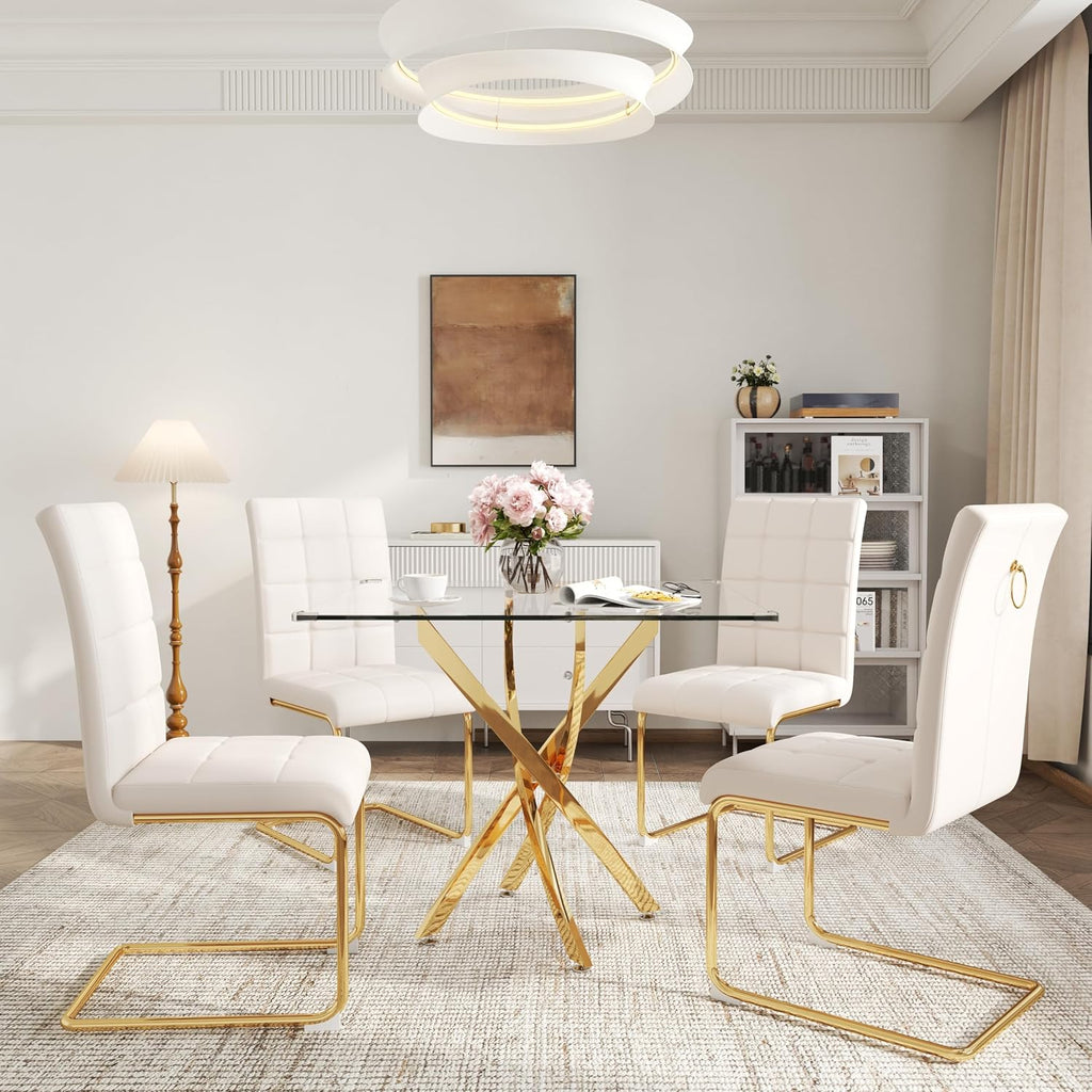 AF ARTISAN FURNITURE 5 Piece Square Glass Dining Table Set, Gold Glass Kitchen Table Set for 4 Modern Table Set with 4 White PU Upholstered Dining Chairs, for Small Space, Breakfast Nook