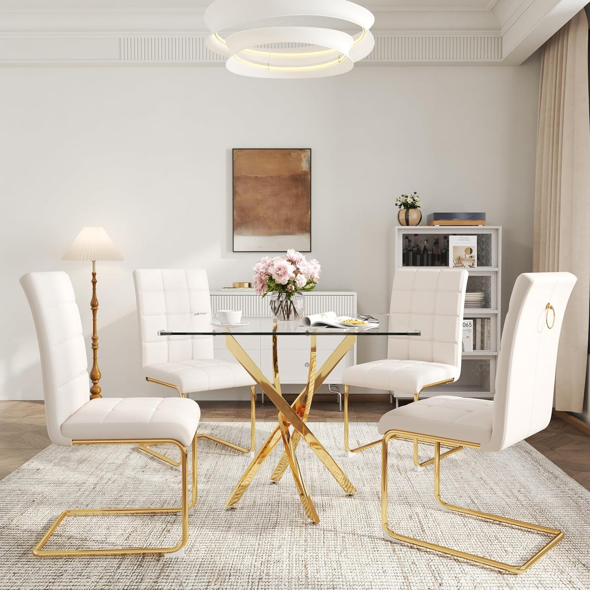 AF ARTISAN FURNITURE 5 Piece Square Glass Dining Table Set, Gold Glass Kitchen Table Set for 4 Modern Table Set with 4 White PU Upholstered Dining Chairs, for Small Space, Breakfast Nook