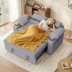 58'' Convertible Sofa Bed with USB Charger and Cup Holders, Teddy Fabric Loveseat Pull Out Couch with Adjustable Backrest and Side Pocket for Small Space(Grey)