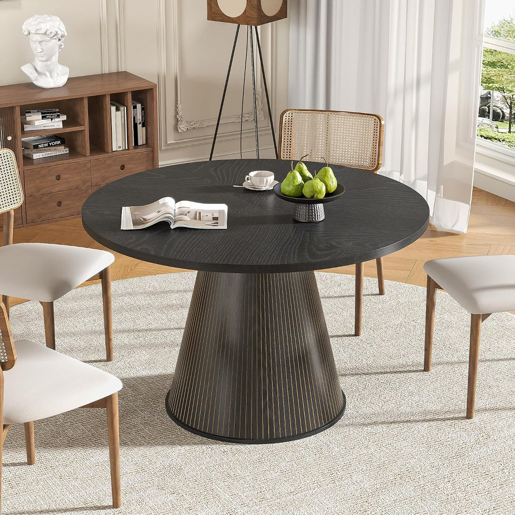 47 inch Round Dining Table for 4-6, Circle Kitchen Table with Sturdy Tapered Base, Mid Century Modern Fluted Dining Tables for Dining Room, Kitchen, Living Room (Black, 47inch)