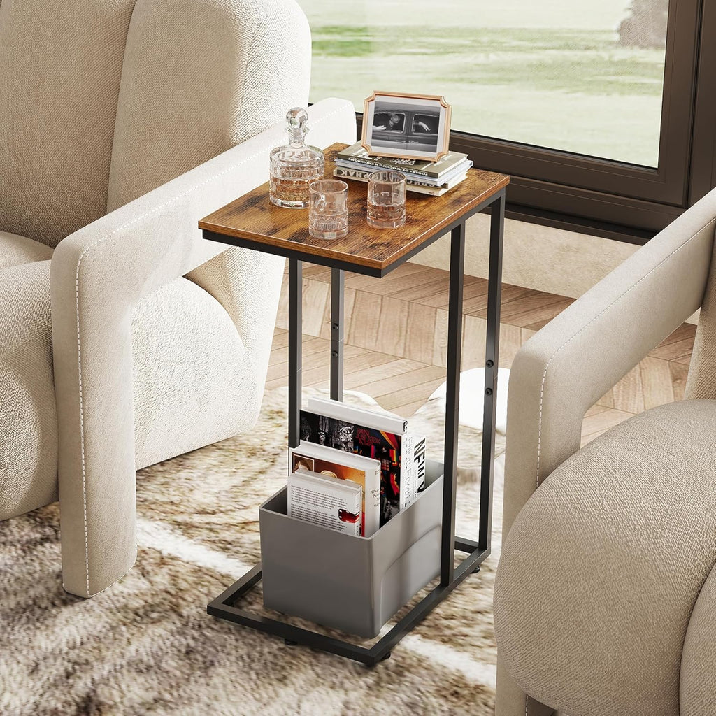 WLIVE C Shaped End Table, Small Side Table for Couch, Sofa, TV Tray C Table for Living Room, Bedroom, Home Office, Small Spaces, Rustic Brown