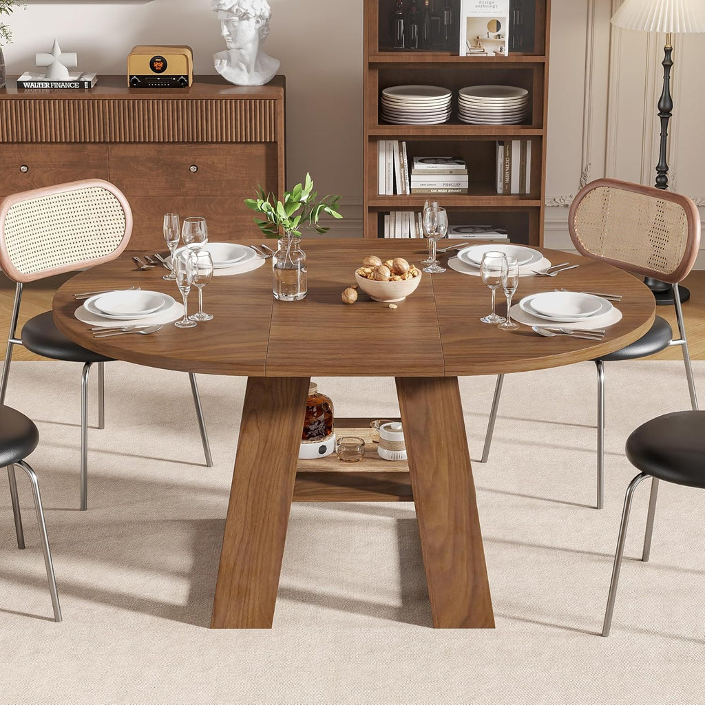 43.3in-59in Extendable Round Dining Table for 4-8, Modern Kitchen Oval Dining Table with Removable Leaves Space Saving, Wood Base with Storage Shelf for Kitchen Living Room, Walnut Style 2