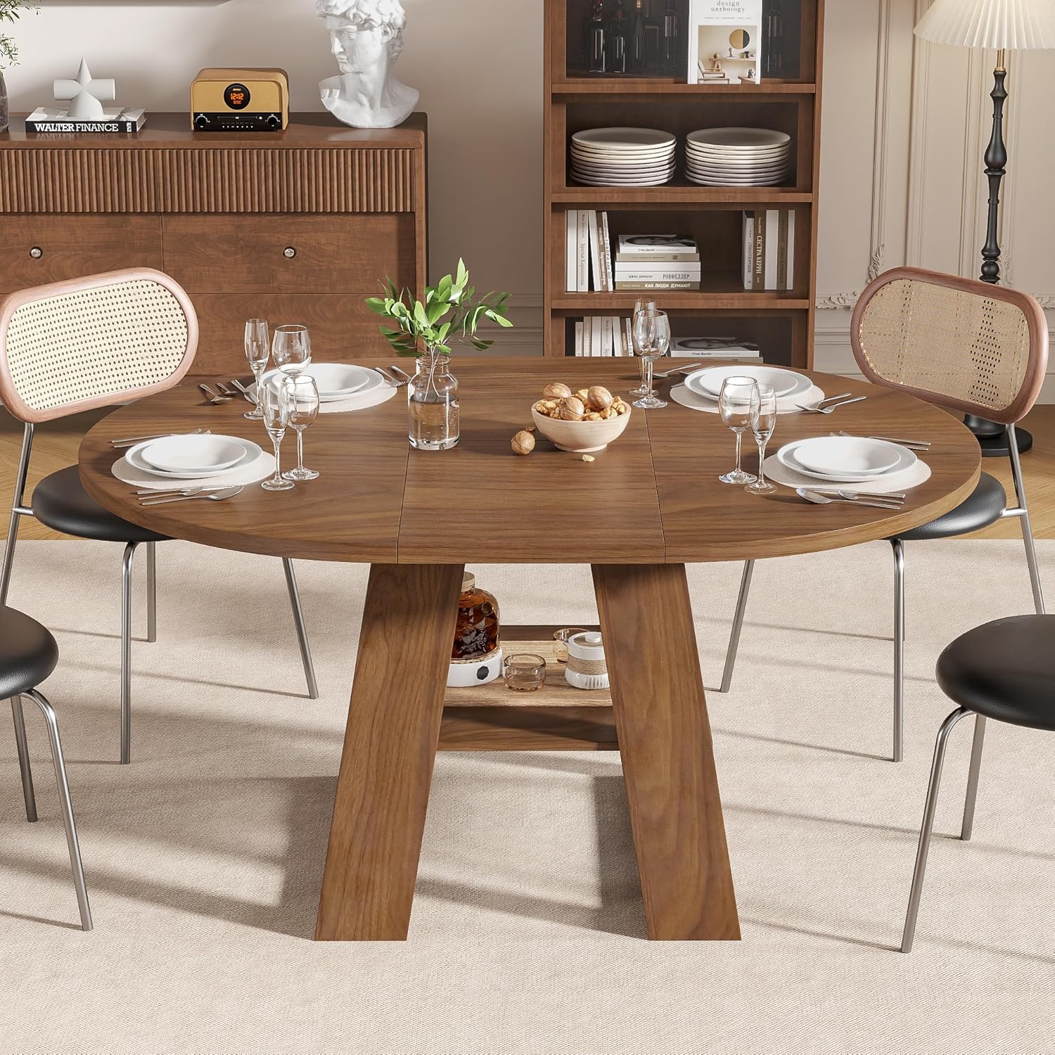 43.3in-59in Extendable Round Dining Table for 4-8, Modern Kitchen Oval Dining Table with Removable Leaves Space Saving, Wood Base with Storage Shelf for Kitchen Living Room, Walnut Style 2
