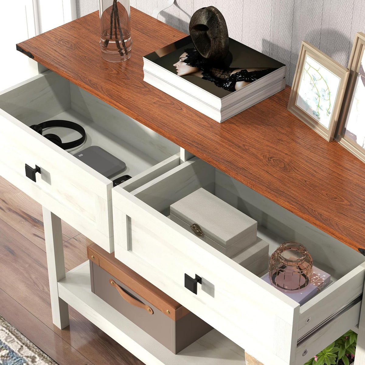 Knocbel Small Console Table with 2 Drawers with Metal Handles, Farmhouse Side Tables with Brown Woodgrain Top and Bottom Shelf for Entryway Living Room, 39.37" W x 11.61" D x 32.08" H, Antique White