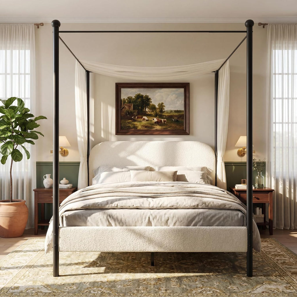 Christopher Knight Home Queen Size Upholstered Canopy Bed Frame with Boucle Fabric, Curved Headboard and Iron Legs, Modern Platform Bed Frame with Slats No Box Spring Needed, White