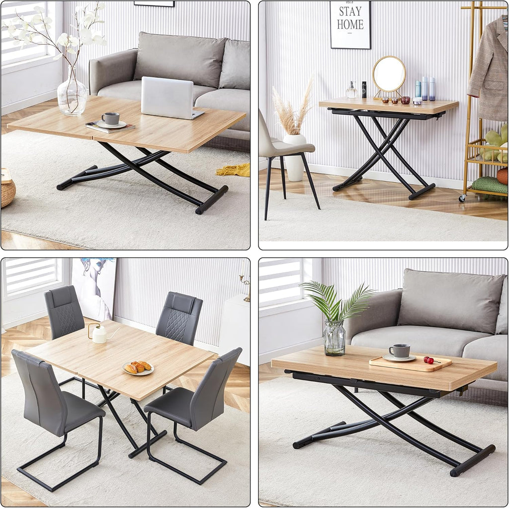Space Saving Folding Dining Table, Adjustable Height Foldable Coffee Table with Wooden Tabletop and Metal Legs, Small Transformer Kitchen Table for Apartment, Living Room, Dining Room