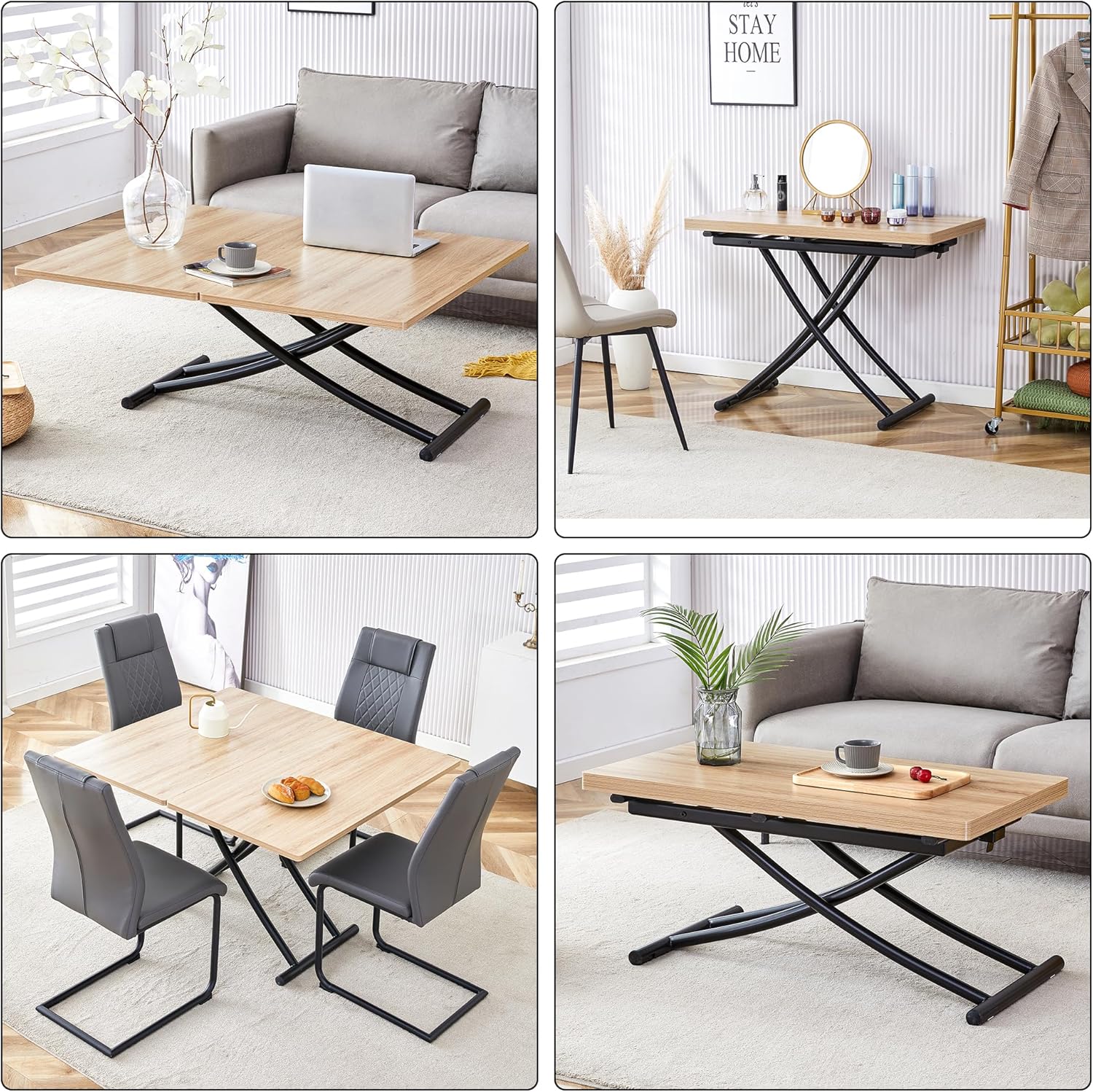 Space Saving Folding Dining Table, Adjustable Height Foldable Coffee Table with Wooden Tabletop and Metal Legs, Small Transformer Kitchen Table for Apartment, Living Room, Dining Room