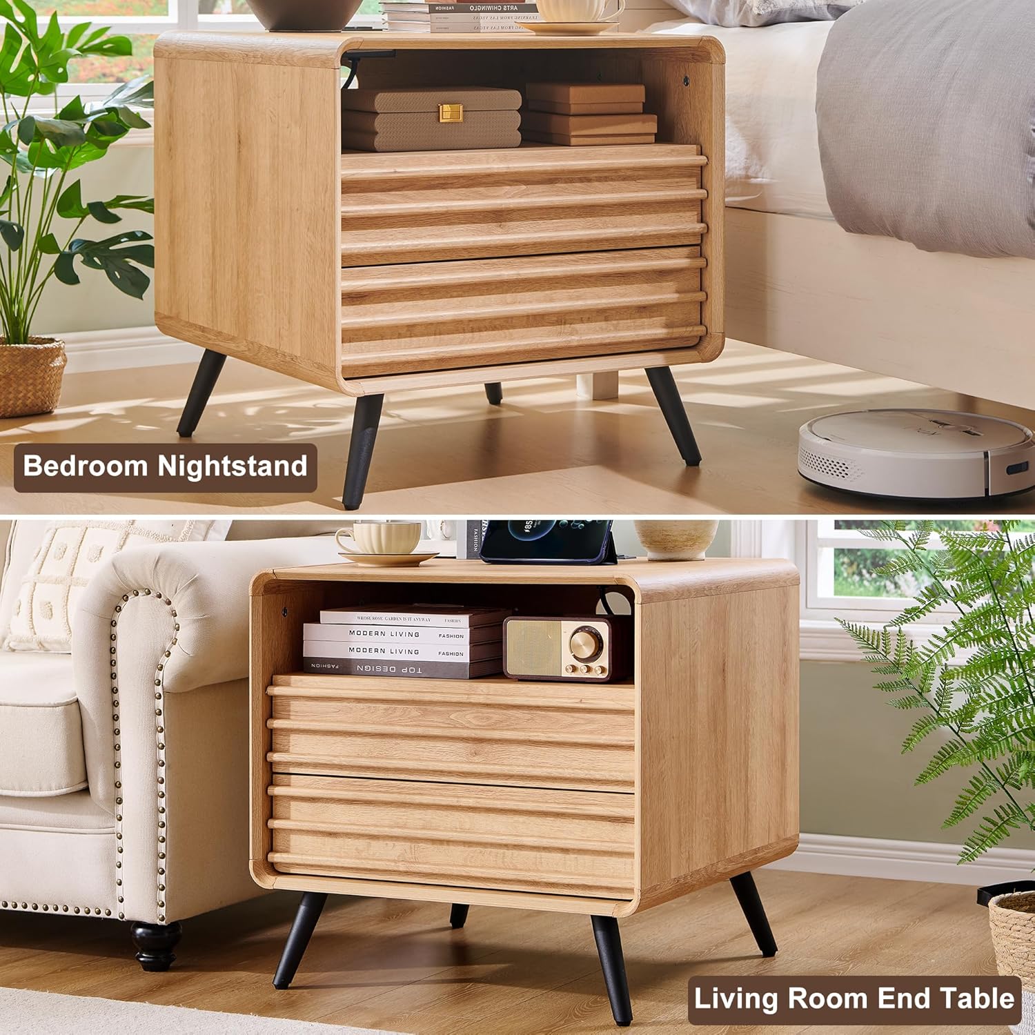 RedLemon 24" Nightstand Set of 2 with Charger Station, Mid Century Modern Fluted End Table with 2 Drawers, Wooden Side Table with Open Cubby Storage for Living Room, Bedroom, Office(Natural Oak)
