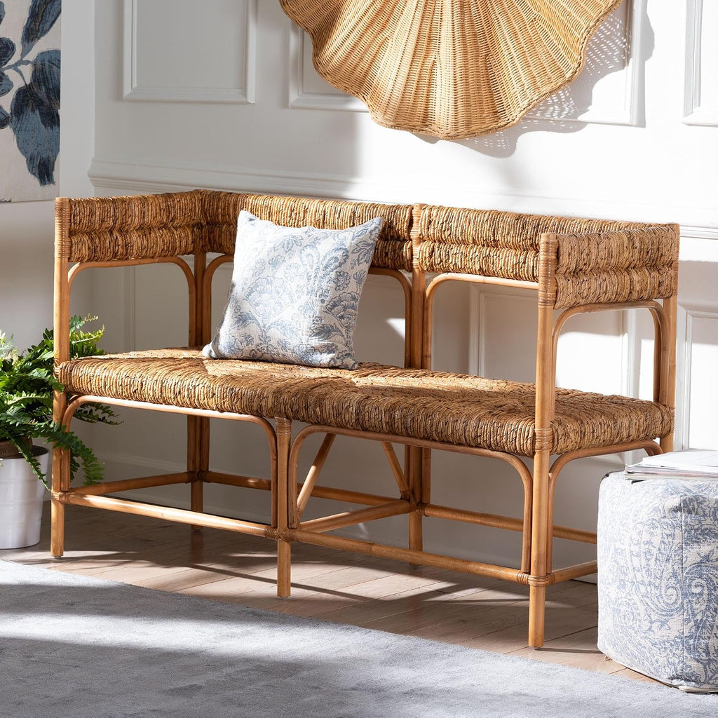 Bali & pari Adisa Natural Rattan Bench - Handcrafted Banquette with Woven Seagrass Seat and Open Back, Coastal Boho Accent Seating for Entryway, Dining or Living Room