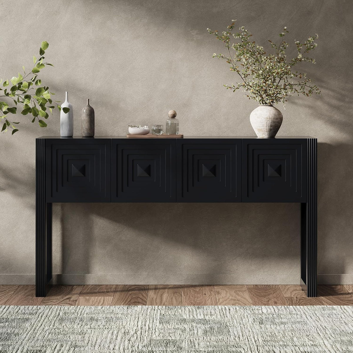 55 Inch Console Table with Geometric Carved Front | Pine wood and MDF build, 54.9 in sofa table, geometric carved front, soft-close storage, for entryway, living room, hallway