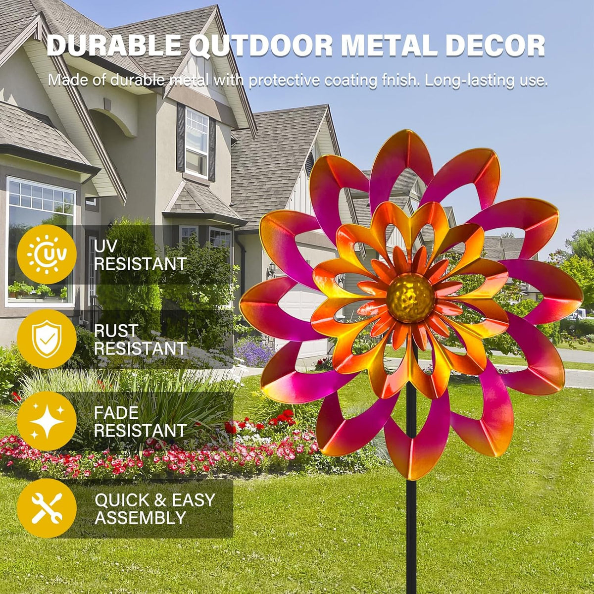 45" Gerbera Wind Spinners for Yard and Garden, Golden Balls Kinetic Wind Spinner Outdoor Decor, Wind Sculpture Yard Art Decorations for Patio, Lawn & Garden