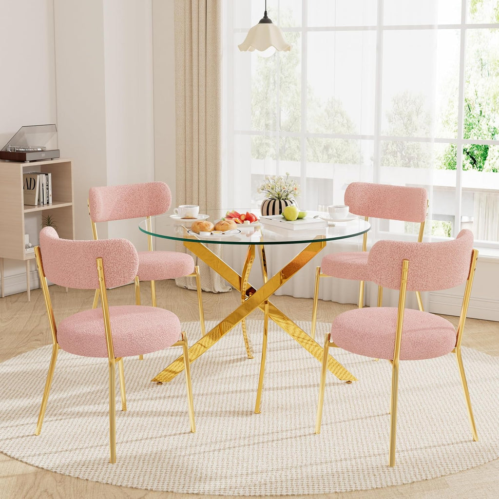 36" Round Dining Table Set for 4, Small Round Kitchen Table with 4 Boucle Dinner Chairs, Modern Circle 5 Piece Glass Dining Table with Metal Legs(Pink&Gold)