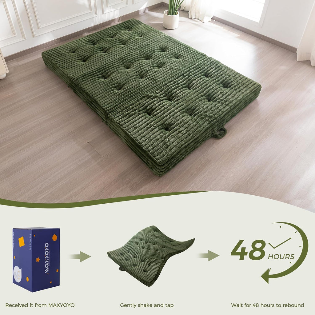MAXYOYO Floor Sofa Couch, 6 Inch Tri-Fold Floor Sofa Bed, Folding Mattress with Handles, Soft Faux Fur Folding Bed with Supportive Foam Filling, Portable Couch for Living Room, Full, Dark Green