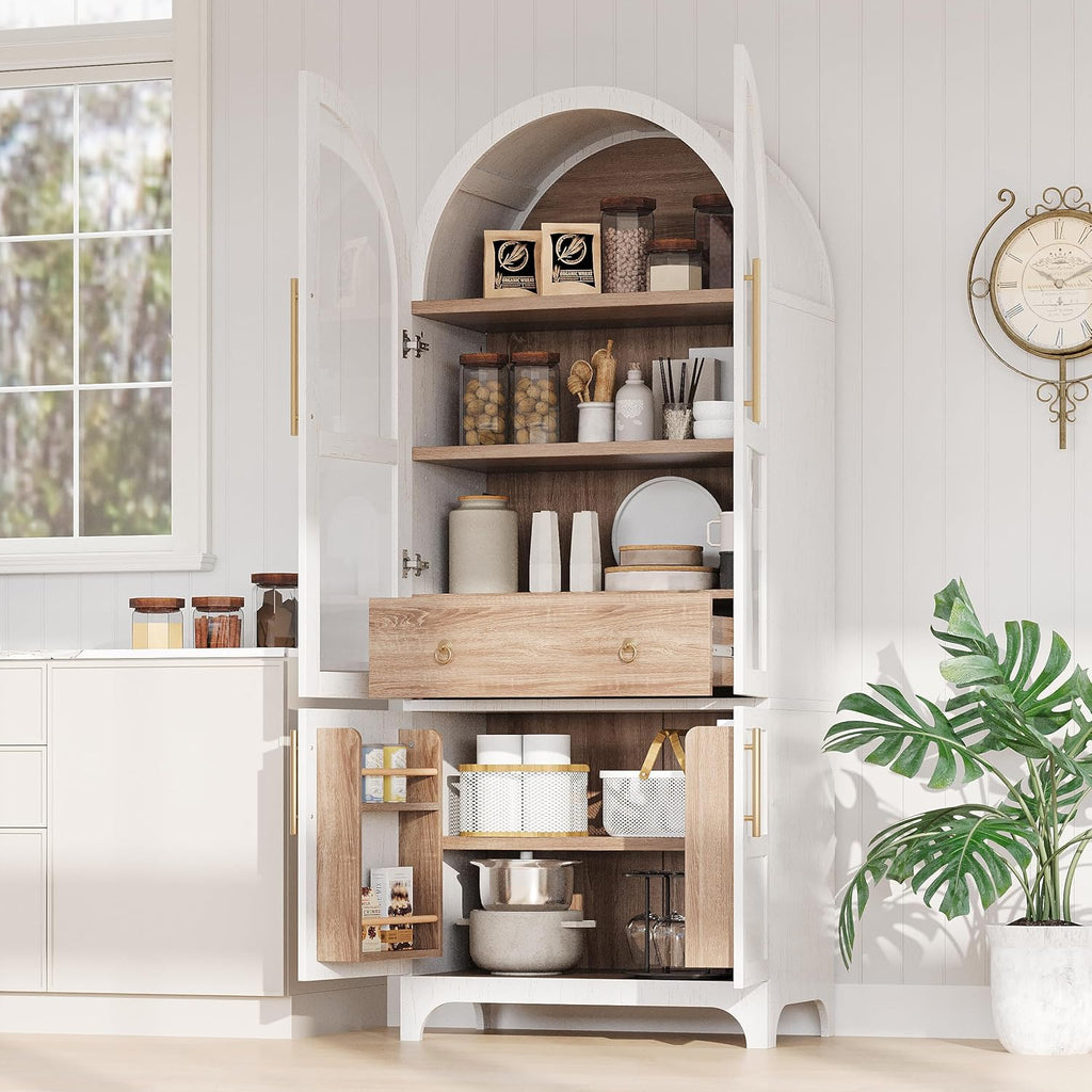 roomfitters 71" Pantry Cabinet with Arched Top & Glass Doors, 4-Door Storage Hutch with Adjustable Shelves for Kitchen, White