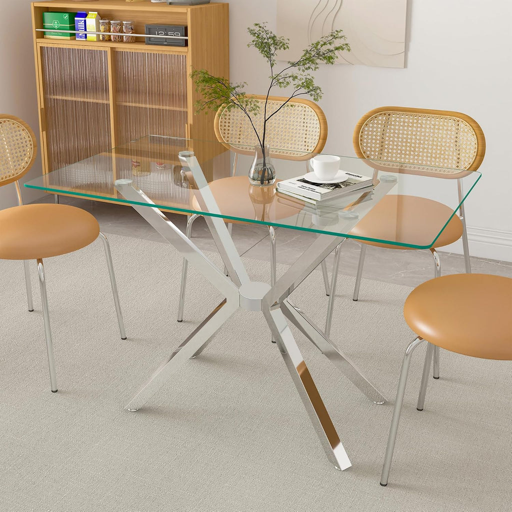 51.18" Rectangular Glass Dining Table, Tempered Glass Kitchen Tabe with Metal Legs, Stylish and Sturdy Dinner Table for Home and Outdoor Dining (Silver, 47.24")
