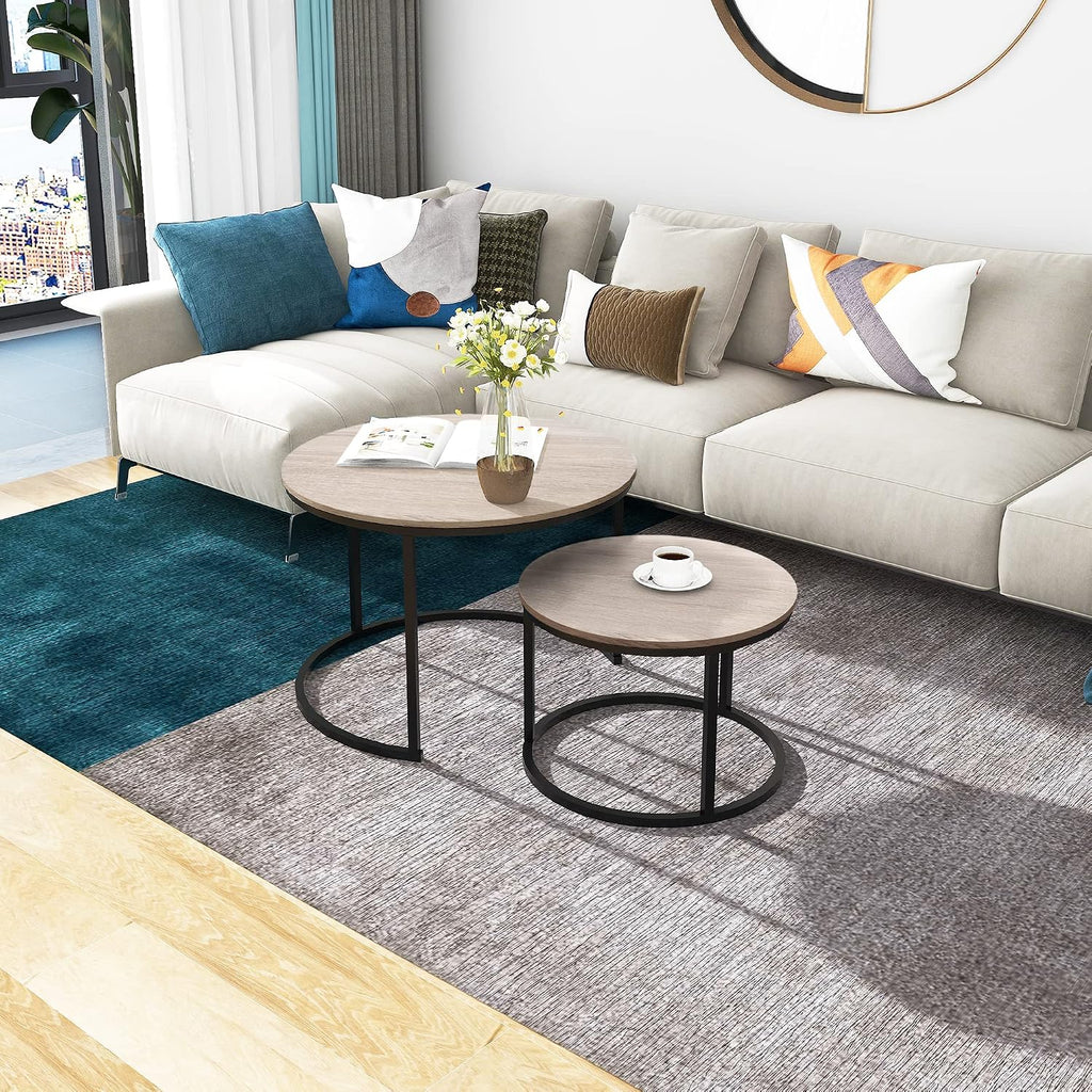 HOMERECOMMEND Round Coffee Tables Nesting Side Set of 2 End Tables for Living Room,Round Table with Solid Powder-Coated Metal Frame Natural Wood Color