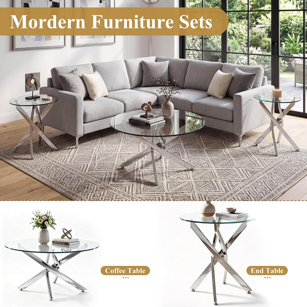 Round Glass Coffee Table Set 3-Piece, Silver Stainless Steel Frame | 35.4" Coffee Table + Two 23.6" End Tables Space-Saving Set for Living Room, Office, Reception