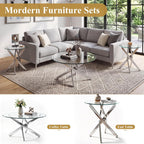 Round Glass Coffee Table Set 3-Piece, Silver Stainless Steel Frame | 35.4" Coffee Table + Two 23.6" End Tables Space-Saving Set for Living Room, Office, Reception