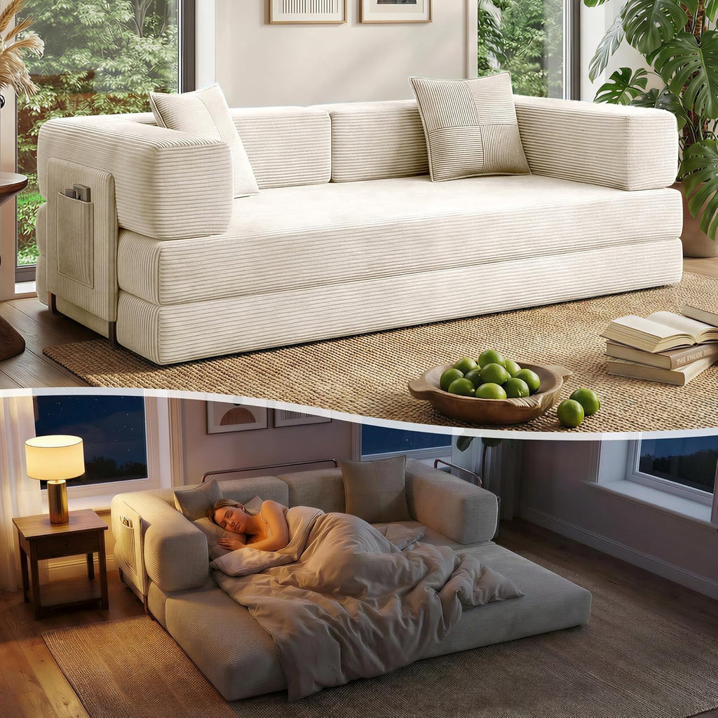 78.8" Couch for Living Room, Futon Sleeper Sofa Bed | Convertible Sofa Bed, Corduroy Pull Out Couch Loveseat with Storage Pocket, Modular Design, No Assembly, White