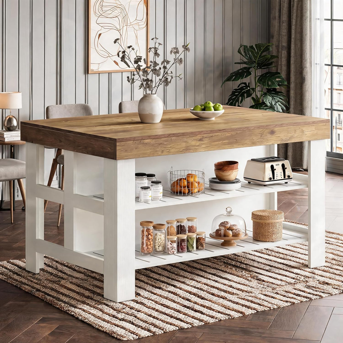 Tribesigns 55.1-Inch Kitchen Island with Seating and Storage, 3-Tier Large Farmhouse Island Table with Large Countertop and Leg Room for Kitchen Dining Room (Brown and White)
