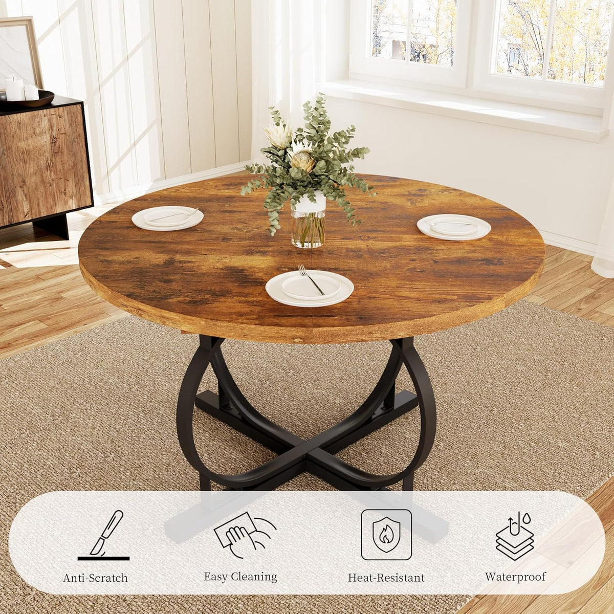 HIPIHOM 43.3"-59" Extendable Round Dining Table for 4-6 People, Modern Kitchen Oval Dining Table with Sturdy X-Base Metal Legs, Space Saving, MDF Board for Kitchen Dining Room (Vintage Brown)