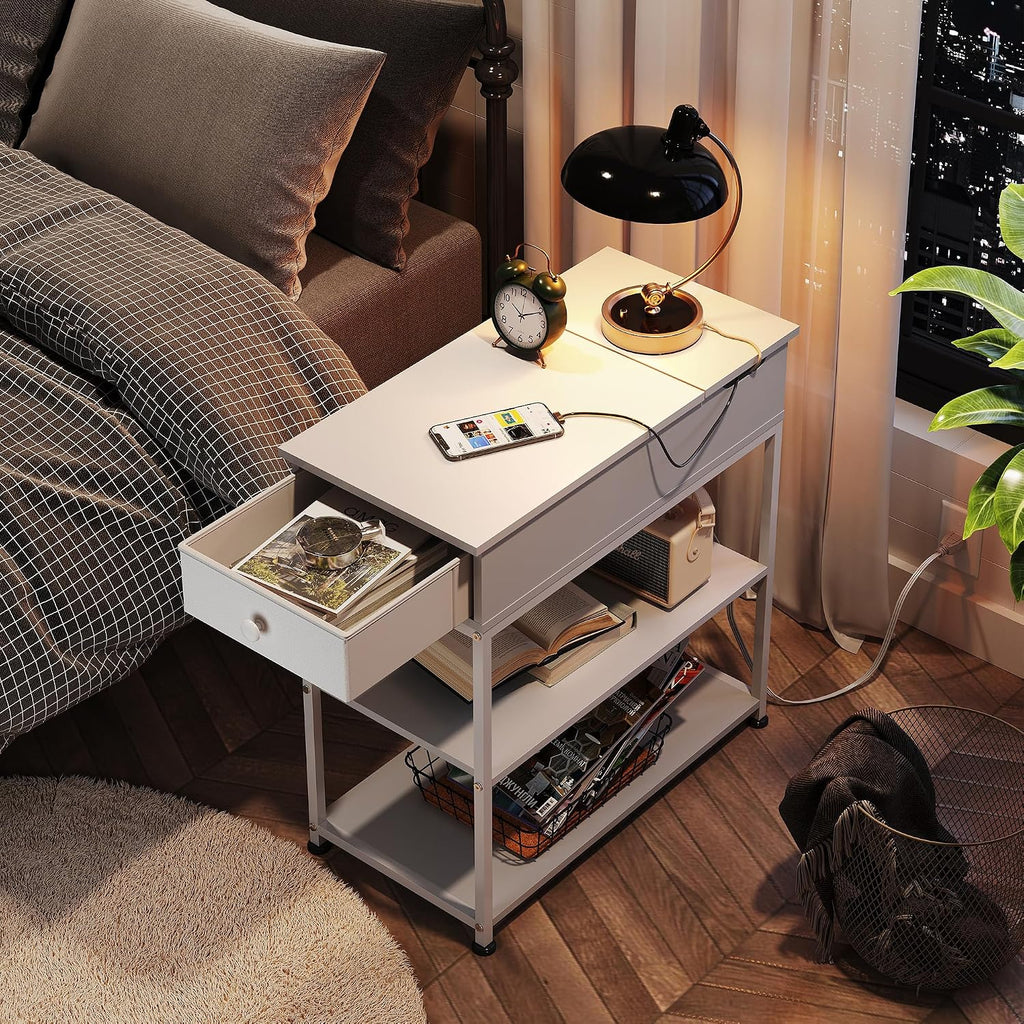 WLIVE Narrow Side Table with Charging Station, Couch Side Table for Living Room, Narrow End Table for Bedroom with Fabric Drawer, USB Ports and Power Outlets, Samll Nightstand Bedside Tables, White