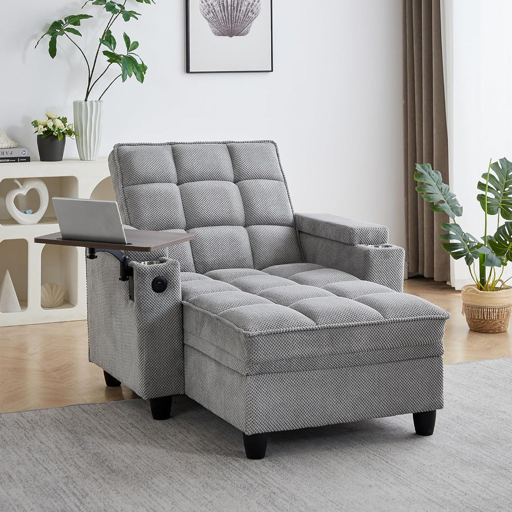hansones 41.7" Chaise Lounge Chair Indoor, Sofa Bed with Adjustable Backrest, Sleep Sofa Couch, Deep Seat Reading Chair, Couches for Living Room with Storage & 360° Swivel Side Table (Gray, 41.7")