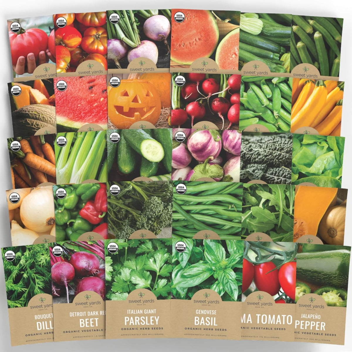 Organic Seeds Gardener Variety Pack - 30 Individual Packs - 2025 Season - Arugula, Basil, Winter Squash, Nantes Carrots and More! for Indoor & Outdoor Planting (Non-GMO, Certified Organic)