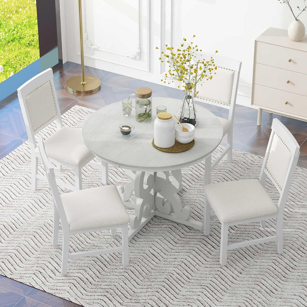 Extendable Dining Table Set for 4-6, Farmhouse Kitchen Table Set with Extendable Round Dining Table & 4 Upholstered Chairs, Solid Wood Table and Chairs Set for Kitchen, Dining Room, Antique White