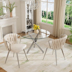 Round Glass Dining Table Set for 2, 36'' Small Minimalist Kitchen Table Set with 2 Beige Modern Upholstered Dining Chairs, 3 Piece Luxury Circle Dining Room Set, Silver Base