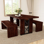 HIPIHOM 3-Piece Dining Table Set for 6 People, Walnut Table with 2 Benches | Thick MDF Tabletop, Rectangle Kitchen Table Set with Metal Legs for Breakfast Nook, Dining Room, Kitchen, Apartment