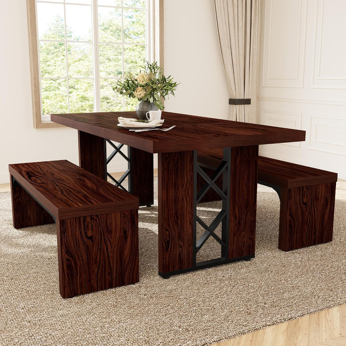 HIPIHOM 3-Piece Dining Table Set for 6 People, Walnut Table with 2 Benches | Thick MDF Tabletop, Rectangle Kitchen Table Set with Metal Legs for Breakfast Nook, Dining Room, Kitchen, Apartment