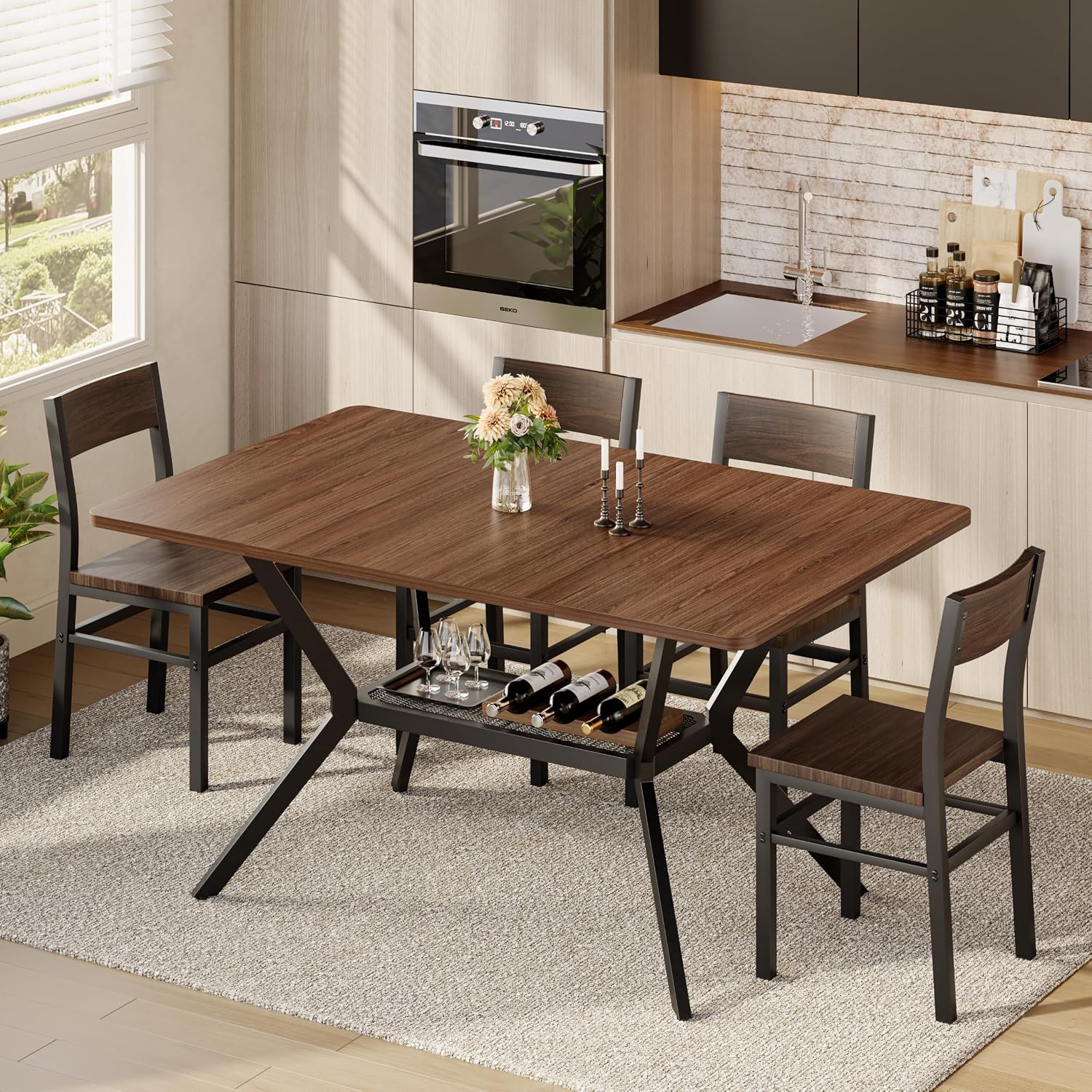 55 inch Dining Table for 4-6, Rectangle Kitchen Table with Storage Shelf, Space Saving Modern Farmhouse Design with Sturdy Metal Legs for Dining Room & Small Apartments