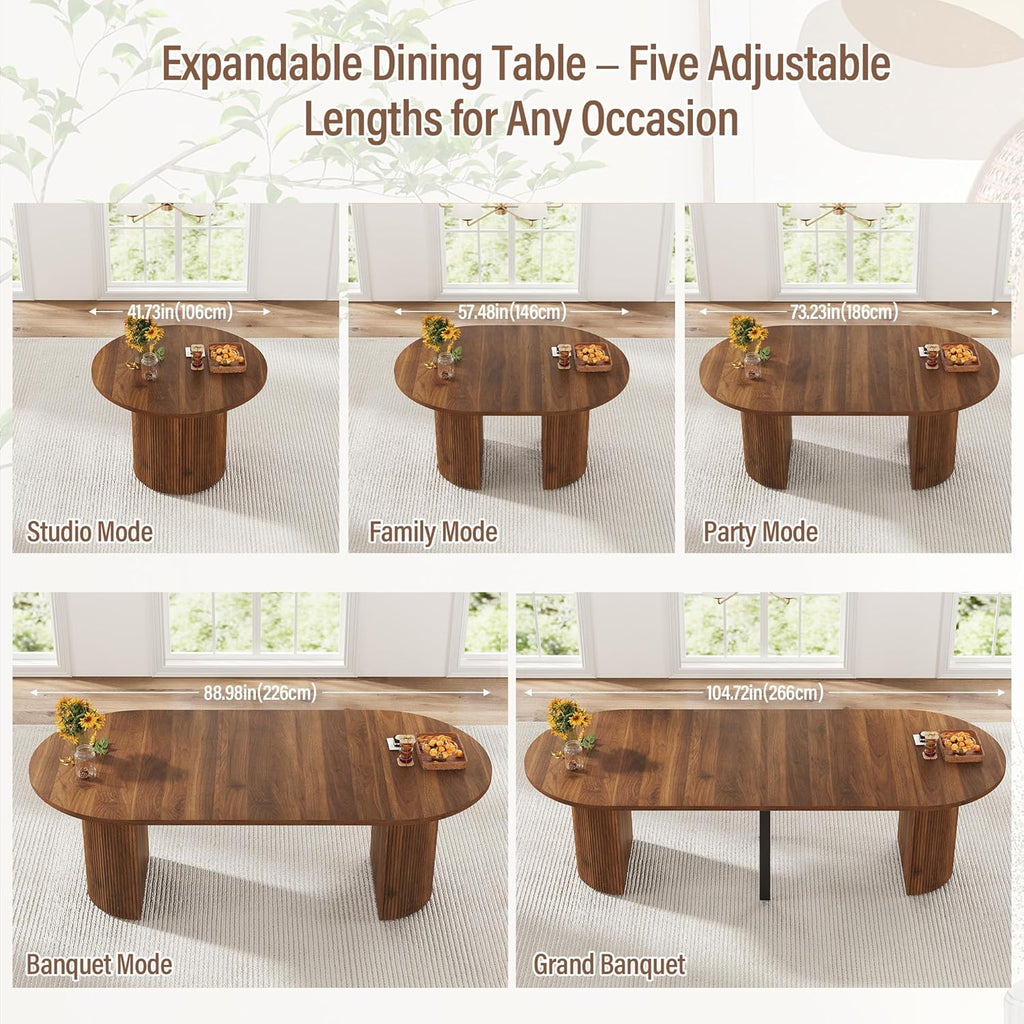 weselon 42"-105" Extendable Dining Table for 4-12, Expandable Oval Dining Room Table with Fluted Pedestal Base & Reinforced Metal Support Leg, Large Modern Kitchen Table for Dining Room (Walnut)