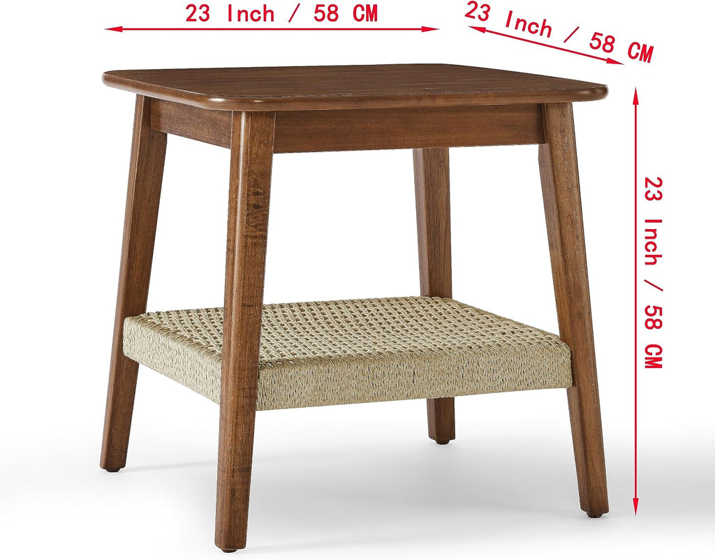 NewCosmos 23" Mid-Century Side Table with Woven Shelf, Boho Side Table with Storage, Bedside Tables, Small Side Table for Living Room Couch Bedroom Patio Home Office