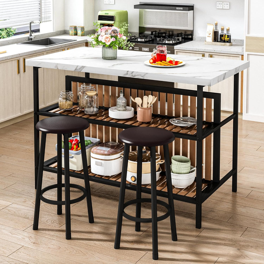DKLGG Kitchen Island with Stools & Storage, Modern Dining Table Set for 2, 3 Piece Kitchen & Dining Room Sets Island Table for Small Space, Apartment, Home Bar, White
