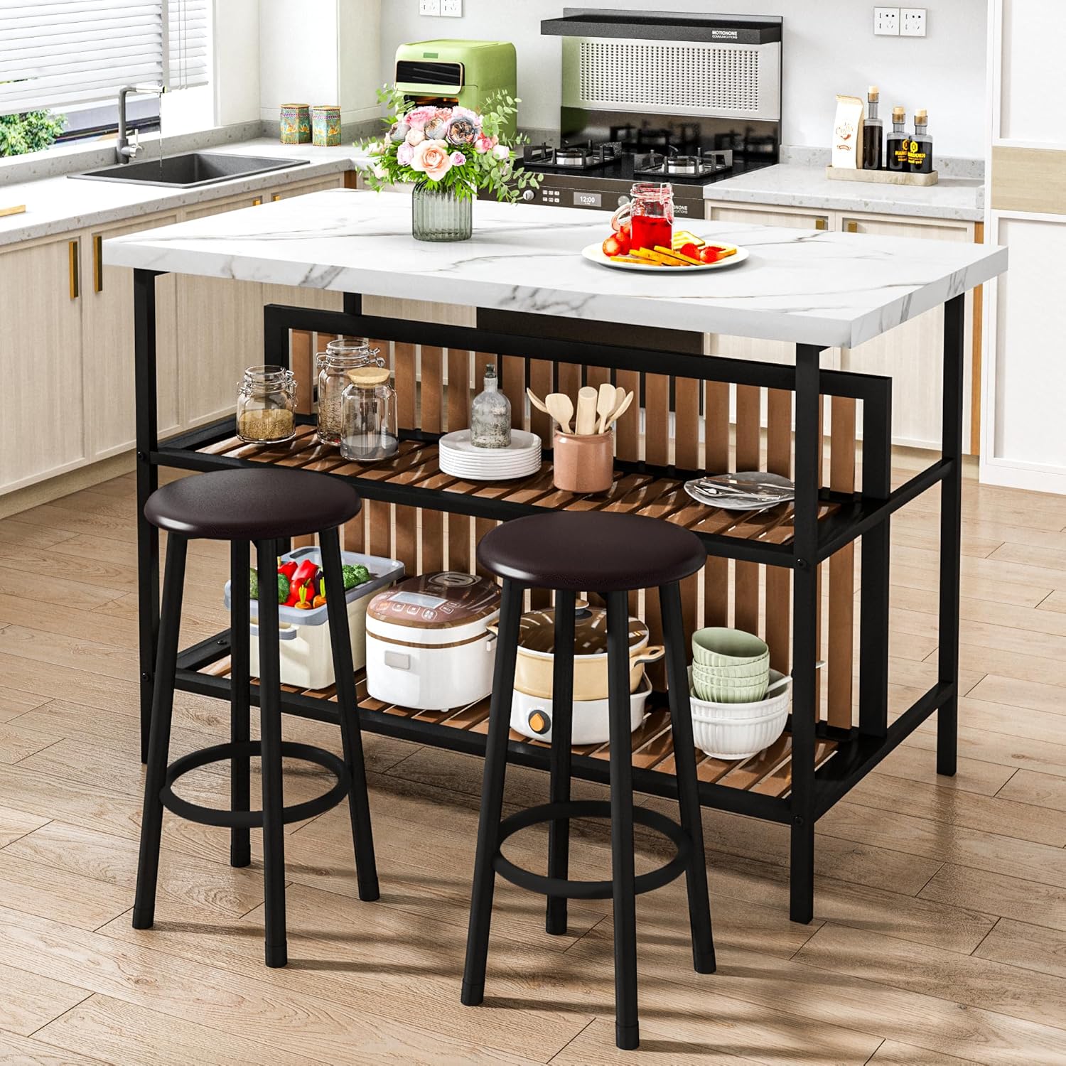 DKLGG Kitchen Island with Stools & Storage, Modern Dining Table Set for 2, 3 Piece Kitchen & Dining Room Sets Island Table for Small Space, Apartment, Home Bar, White