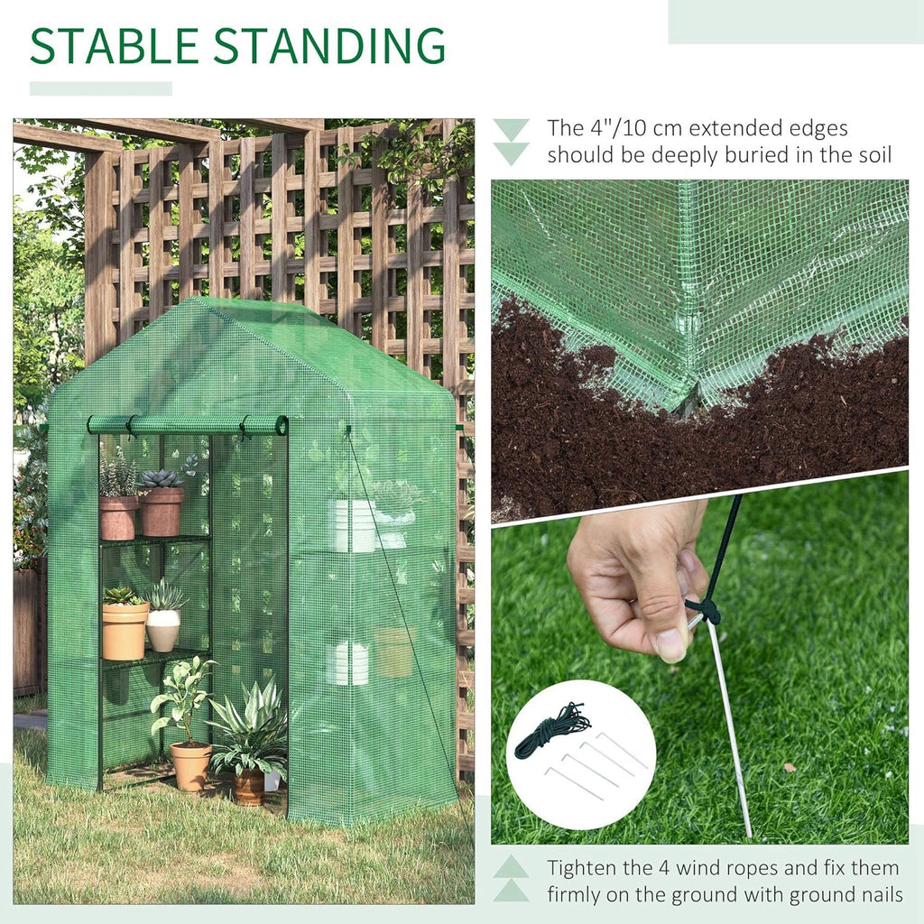 Outsunny 5' x 2.5' x 6.5' Mini Walk-in Greenhouse Kit, Portable Green House with 3 Tier Shelves, Roll-Up Door, and Weatherized PE Cover for Backyard Garden, Green