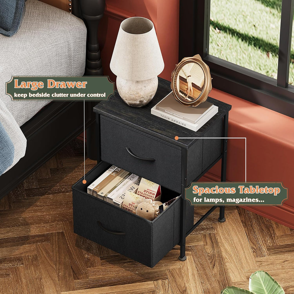 WLIVE Black Night Stand, Small Dresser with 2 Drawers & Wooden Top, Nightstand with Fabric Bins, Bedside Table End Table for Bedroom, Closet, Entryway, College Dorm, Charcoal Black | Nightstand with Fabric Bins, Bedside Table End Table for Bedroom