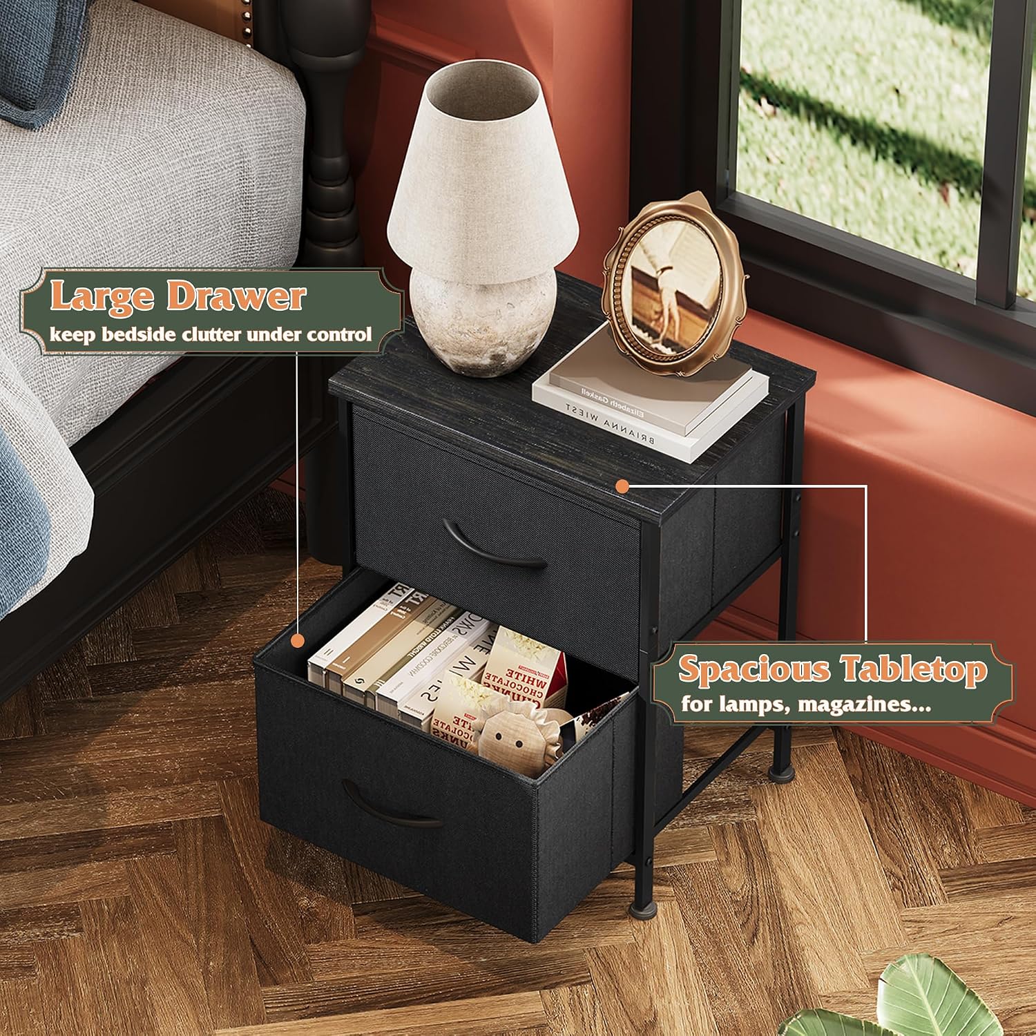 WLIVE Black Night Stand, Small Dresser with 2 Drawers & Wooden Top, Nightstand with Fabric Bins, Bedside Table End Table for Bedroom, Closet, Entryway, College Dorm, Charcoal Black | Nightstand with Fabric Bins, Bedside Table End Table for Bedroom